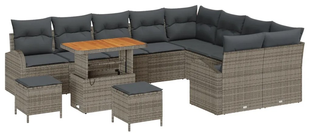 12 Darabos Kerti Kanapé Szett Párnákkal Szürke Poly Rattan Akác, 3 Darabos Kerti Étkező Szett Párnákkal Szürke Poly Rattan Akác, Kétfős Kerti Kanapé Párnákkal Szürke Poly Rattan