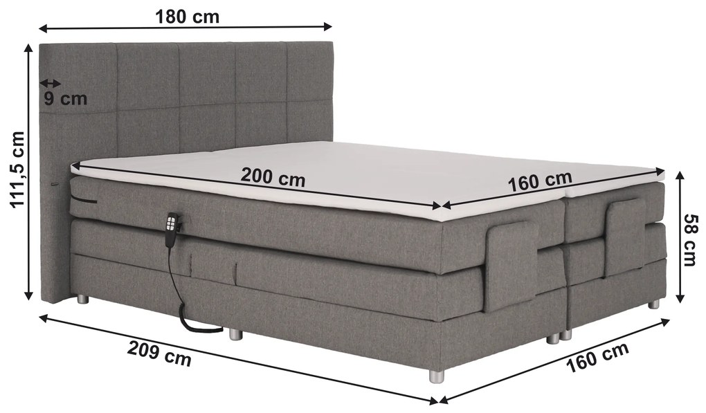 Elektromos állítható ágy, boxspring, szürke, 160x200, MURKO NEW