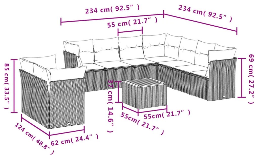 10 részes szürke polyrattan kerti ülőgarnitúra párnákkal