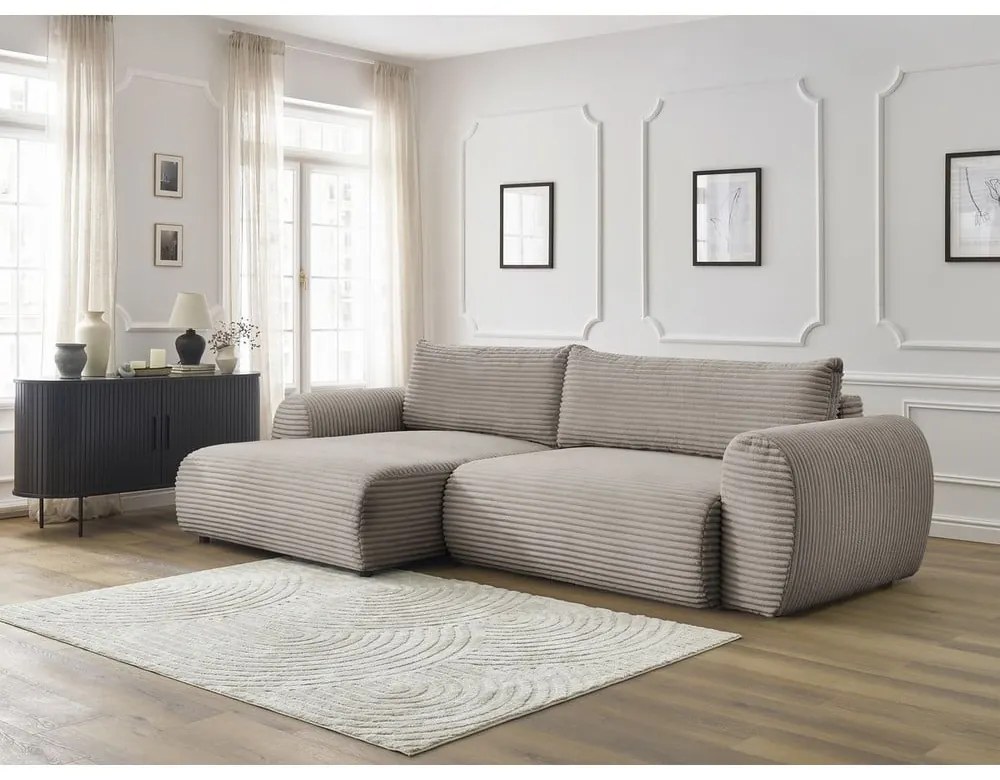 Világosszürkés bézs kordbársony kinyitható sarokkanapé (bal oldali) Lucien – Bobochic Paris
