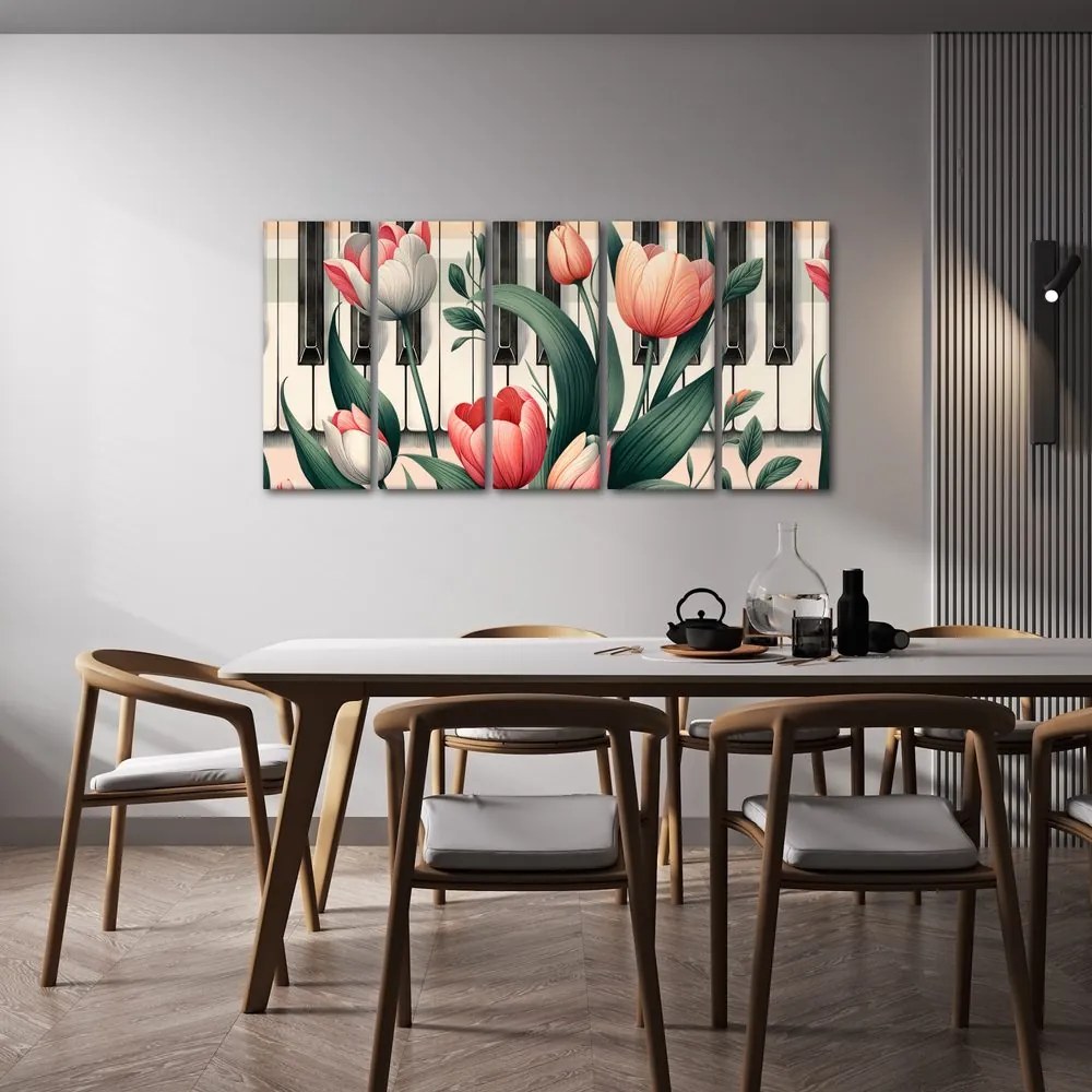 5 részes kép zongora és tulipánok virágszimfóniában