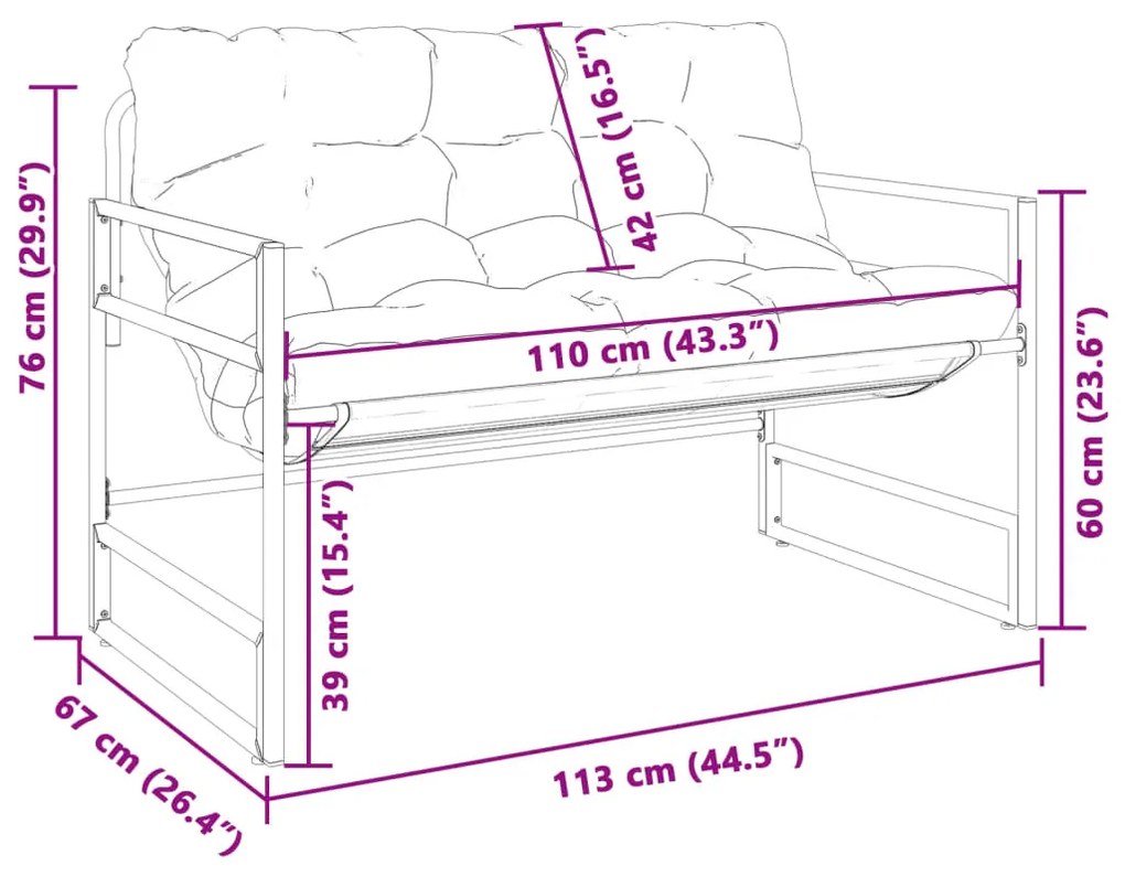 antracitszürke acél kerti pad párnával 113 cm