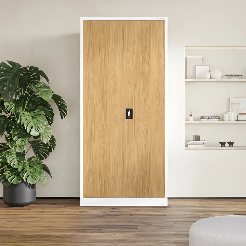 Magas fém irodai iratszekrény, fehér/arany tölgy, 900x1950x400 mm: JAN H Eco Design