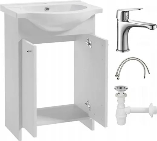 Fürdőszoba szett szekrény tükör mosdó csaptelep szifon 85x65cm fehér