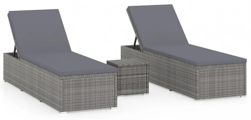 3 részes szürke polyrattan kerti napozóágy szett asztallal