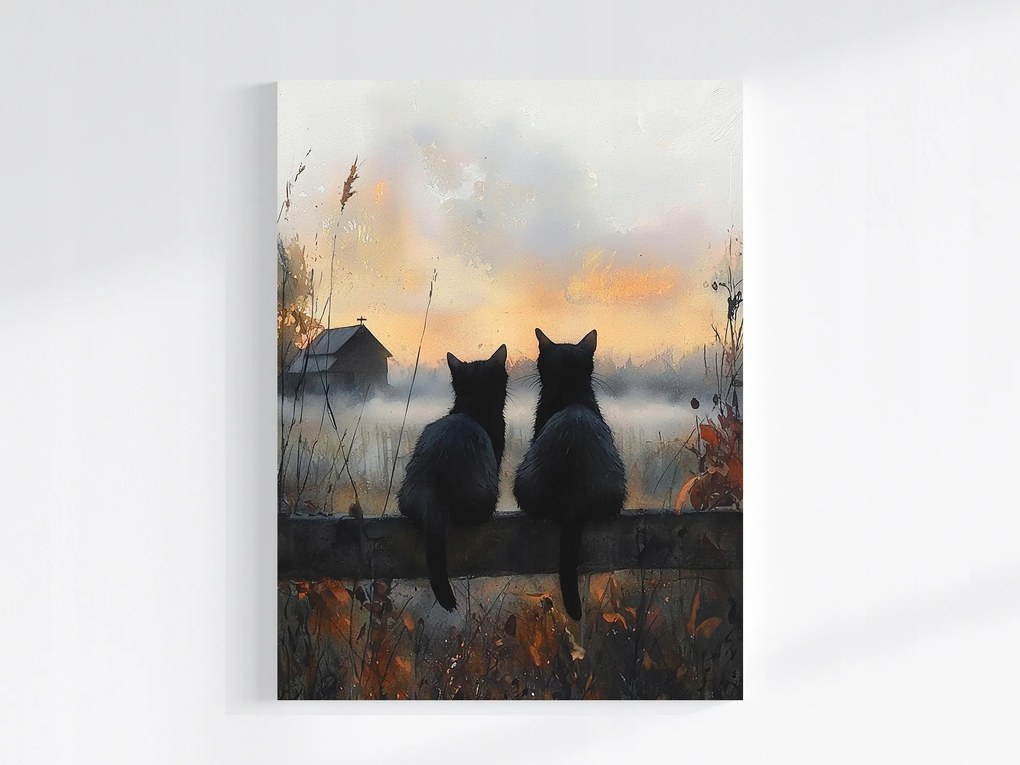 Vászonkép Canvas Őszi Falu Rét Köd Fekete Macskák Barátság 60x80