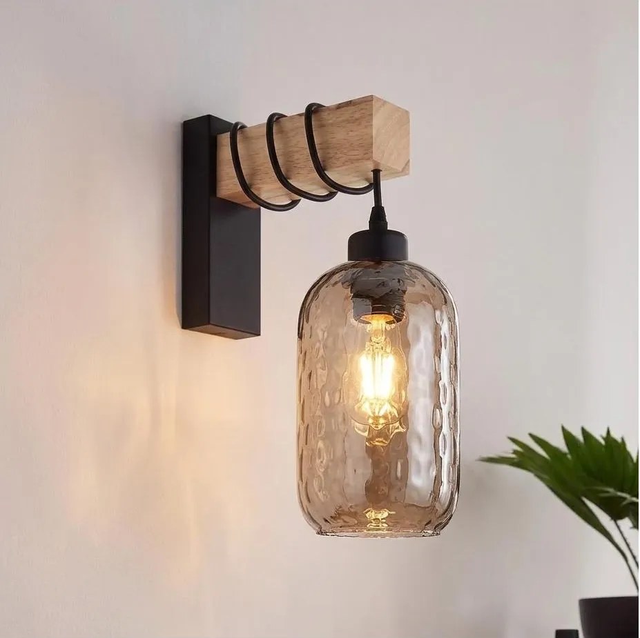 Brilagi - Fali lámpa WOOD GLASS 1xE27/60W/230V fenyő/fekete/füstbarna