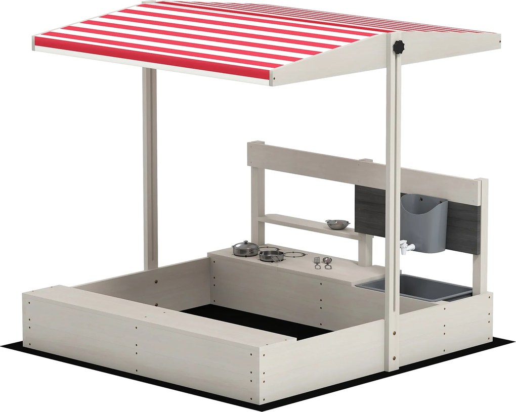 Outsunny Fa homokozó gyerekeknek állítható napernyővel - Homokozó konyhai játékokkal, krétával és paddal - Játékcsoport 3-7 éveseknek, teraszra vagy k