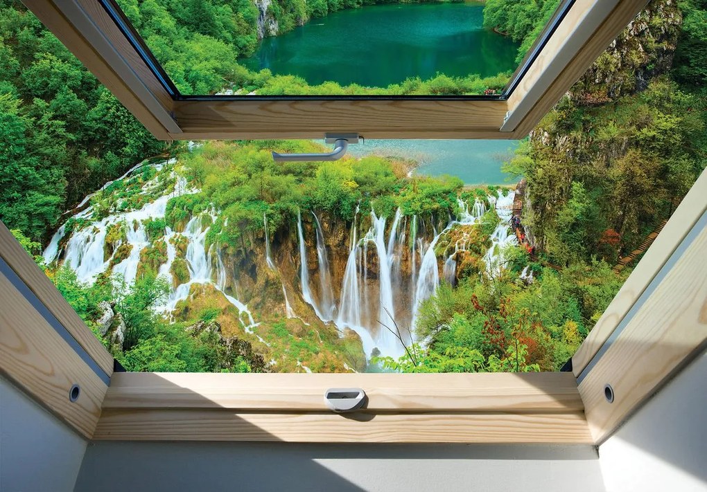 Fotótapéta - Kilátás egy vízesésre és az erdő ablakára (254x184 cm)