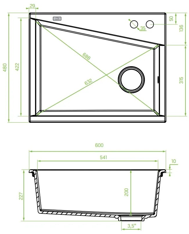 Laveo Grenada, 1 kamrás gránit mosogató 600x480x227 mm, bézs, LAV-SBG_410T