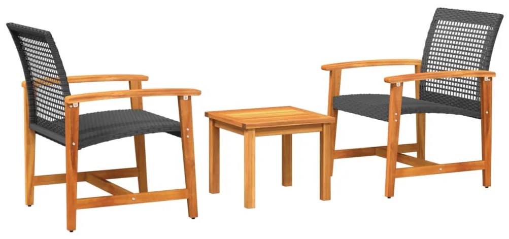 3 részes fekete polyrattan és akácfa bisztrószett