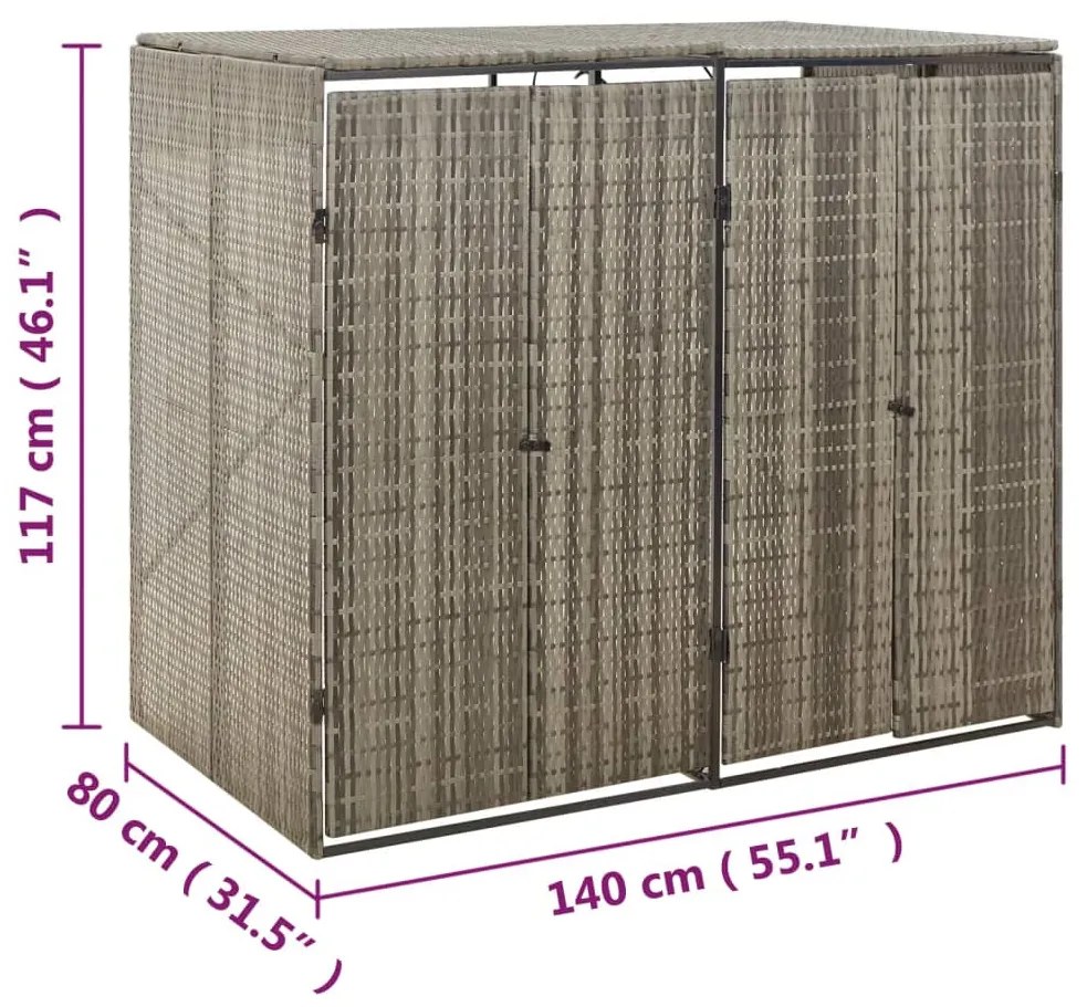 szürke polyrattan dupla kerekeskuka tárolófészer 140x80x117 cm