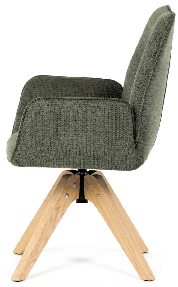 Scaun de sufragerie cu cotiere, din material verde hidrofug, cu picioare de stejar, rotativ la 360°
