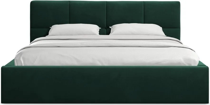 Sötétzöld bársony kárpitozott ágyneműtartós franciaágy ágyráccsal 140x200 cm Hiko – Makamii