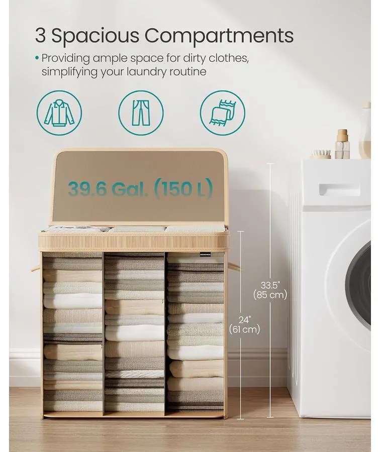 Fedeles szennyeskosár, bambusz ruháskosár 150 L, természetes bézs színben