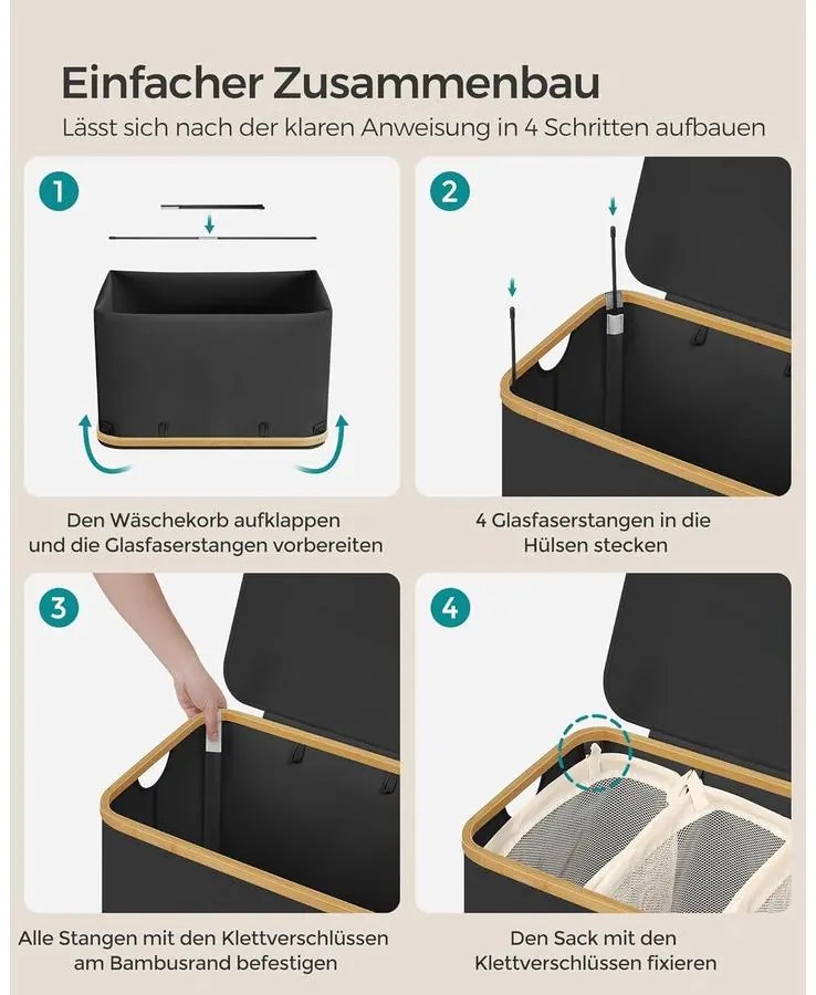 SONGMICS szennyeskosár fedéllel – 3 rekeszes ruhagyűjtő, 150 L űrtartalommal fekete színben