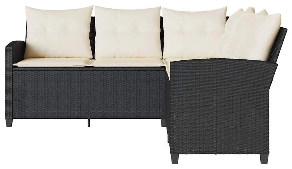 fekete polyrattan L-alakú kanapé párnákkal
