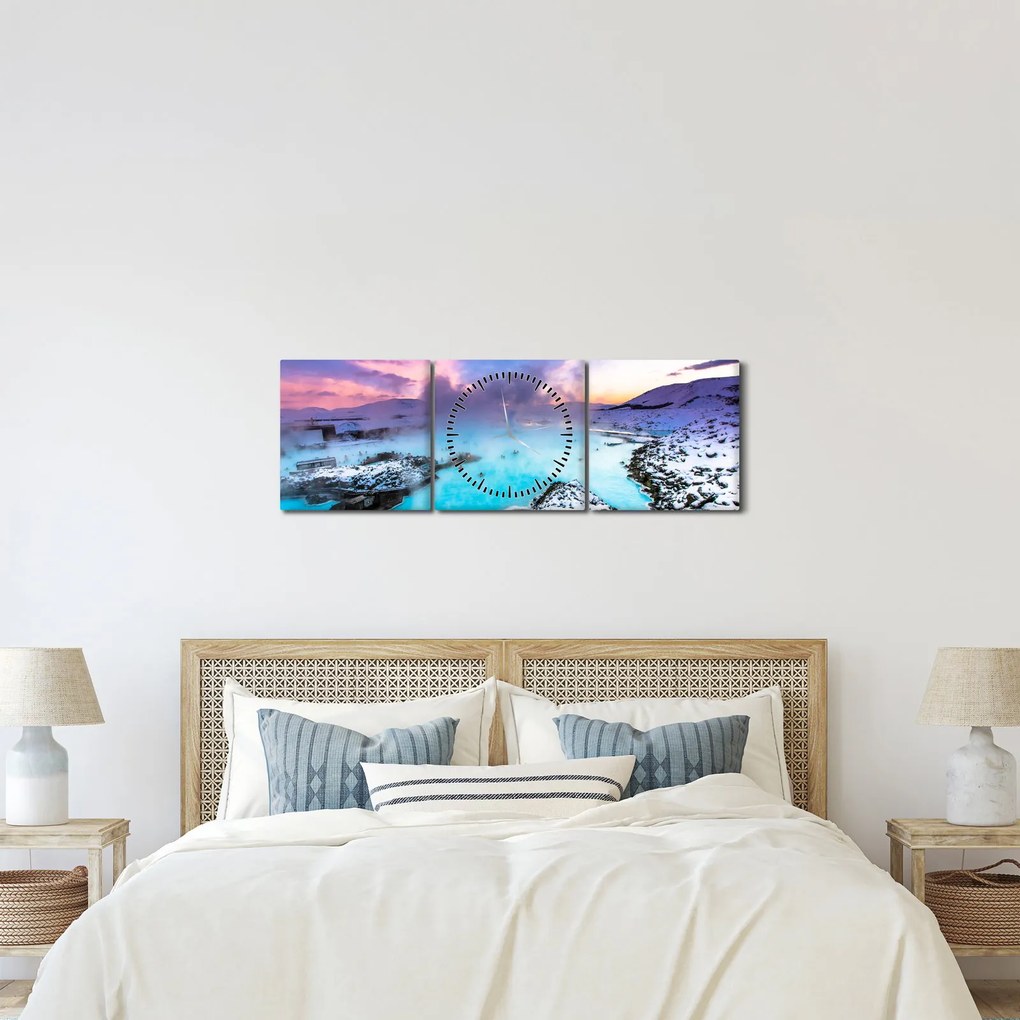 Kép - kék lagúna, Izland (órával) (90x30 cm)