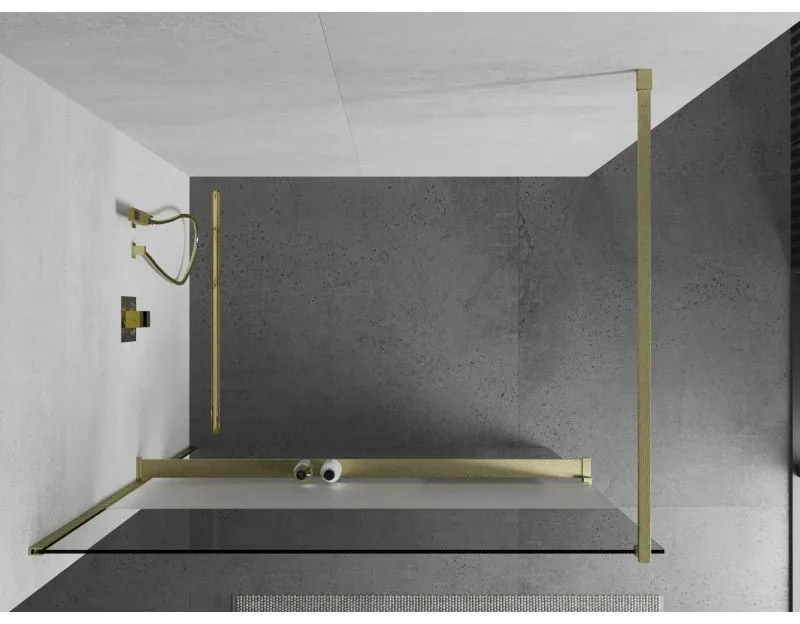 Mexen Kioto+, Walk-In zuhany paraván polccal és akasztóval 140 x 200 cm, 8 mm átlátszó matt üveg, arany matt profil, 800-140-121-55-35