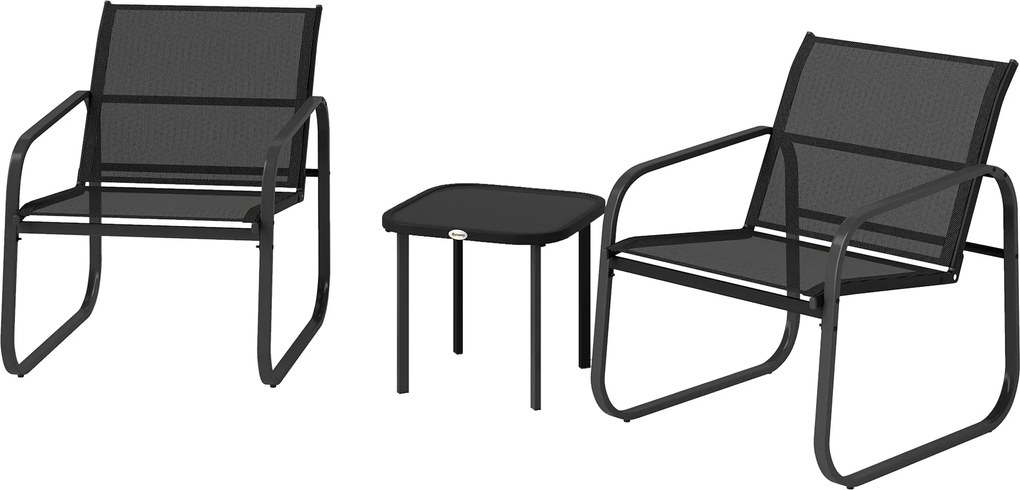 Outsunny 3 darabos Kerti Bistro Szett, Kültéri Kertészett 2 Személyre 2 Hálós Székkel és Edzett Üveg Kávézóasztallal, Kerti Bútor, Terasz, Erkély, Ver