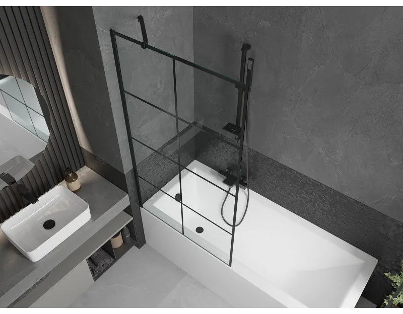 Mexen Next, kádparaván 1 szárny 90 x 150 cm, fix szárny, 6 mm átlátszó üveg fekete mintával, fekete profil, 895-090-000-00-77-70