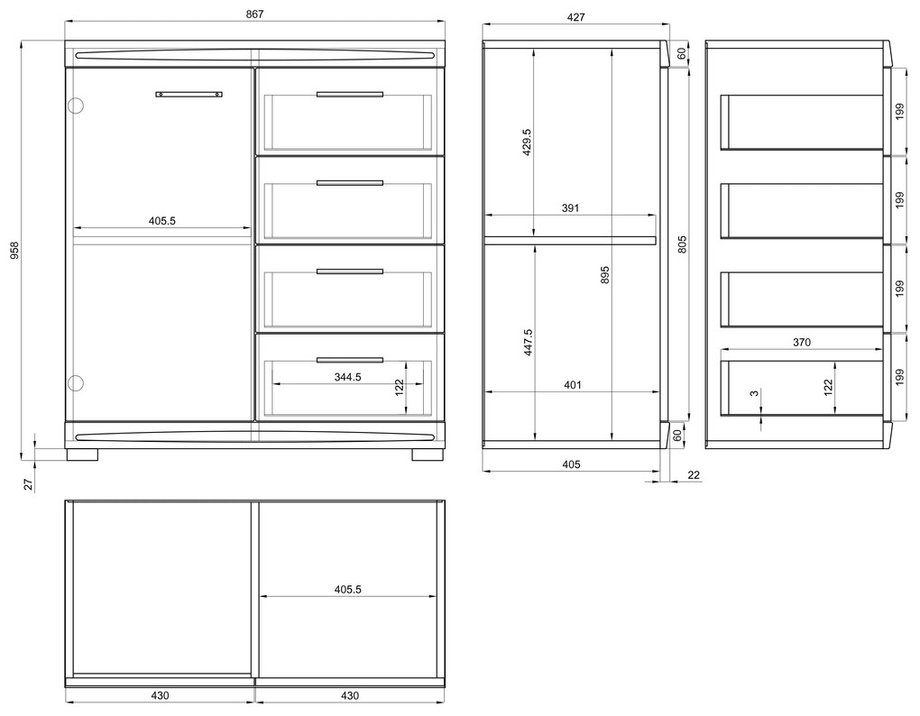 Mazzoni SIMPLE bútorkollekció Millenium Beton/Fehér Fényes - VITRINES SZEKRÉNY FALI POLC KOMÓD NAPPALIBA