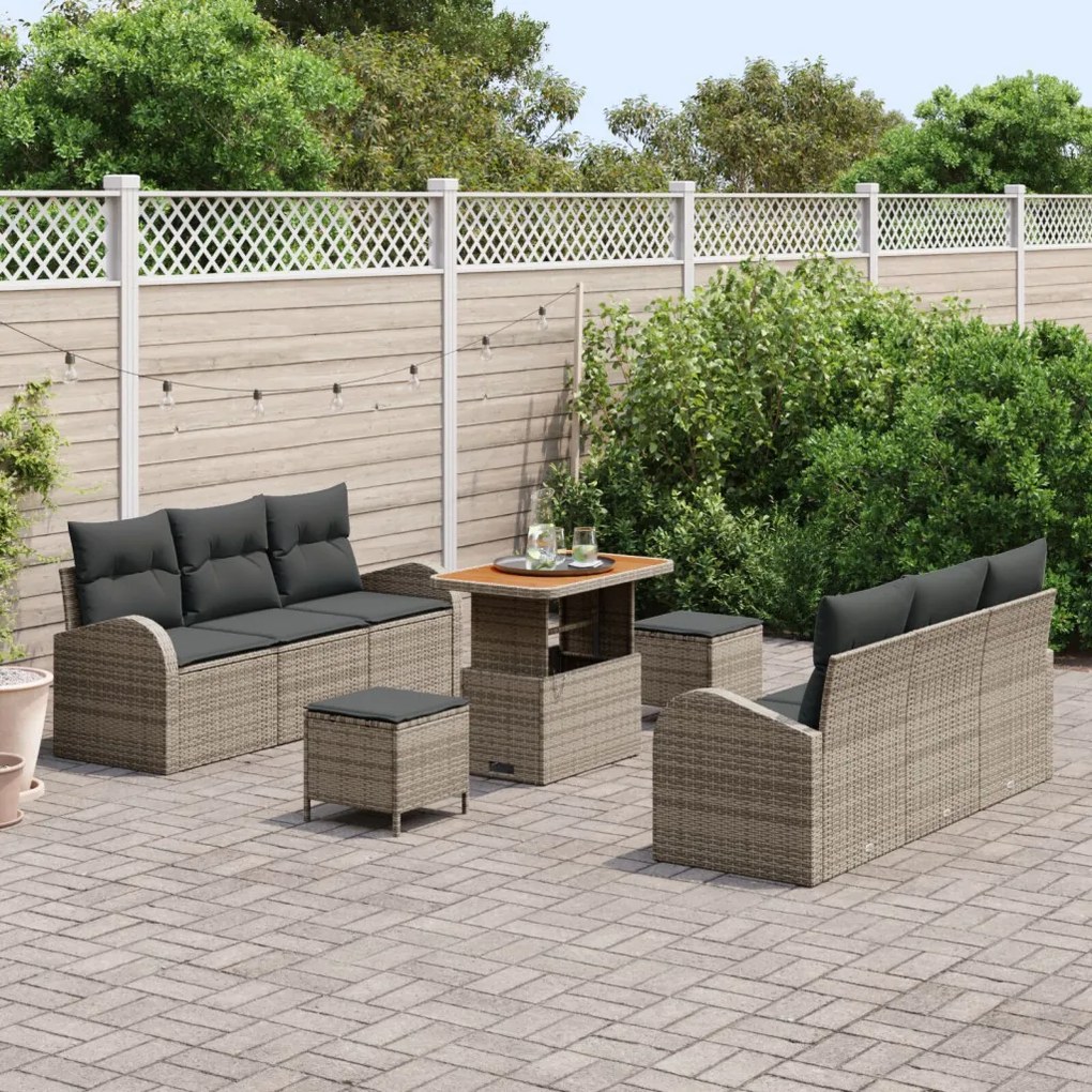 9 Részes Kert Kanapé Szett Párnákkal Szürke Poli Rattan Akác, 2 Személyes Kert Kanapé Tárolóval&Párnákkal Szürke Poli Rattan, 3 Részes Kert Étkező Szett Párnákkal Szürke Poli Rattan Akác