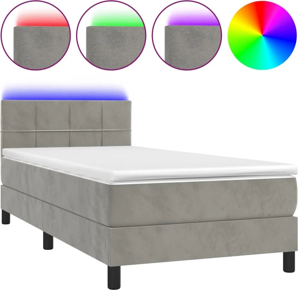 vidaXL világosszürke bársony rugós és LED-es ágy matraccal 90x200 cm