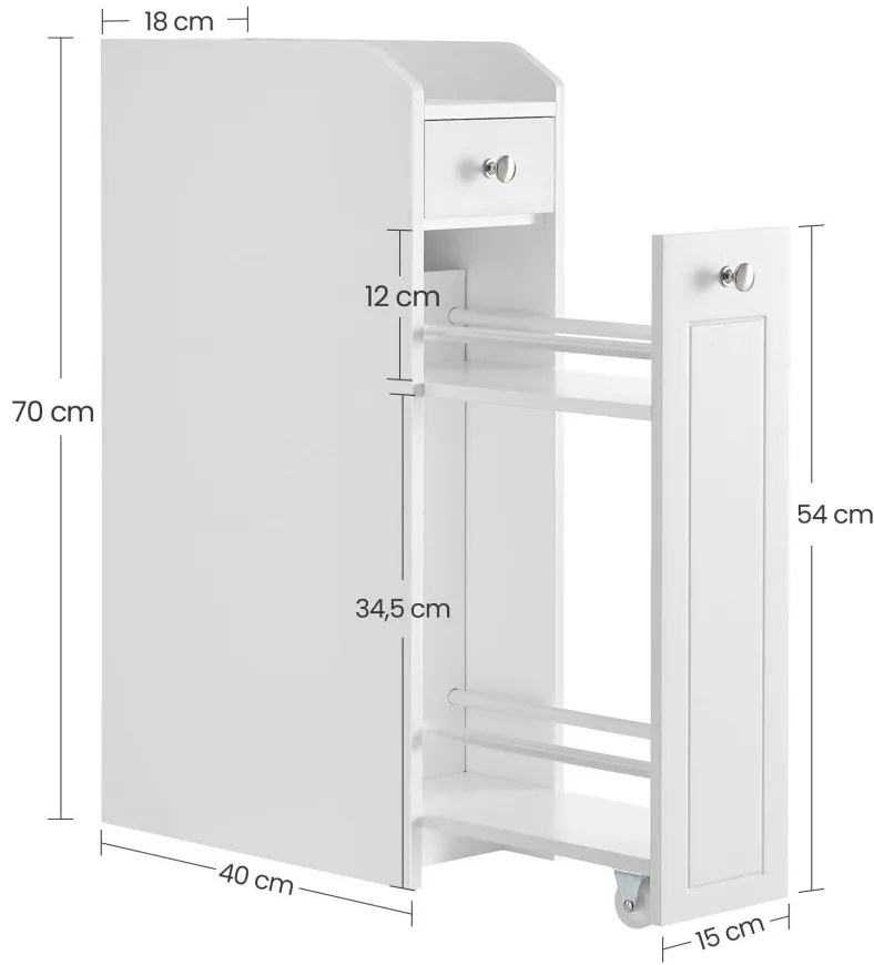 Keskeny fürdőszoba szekrény, fehér, 18x40x70cm