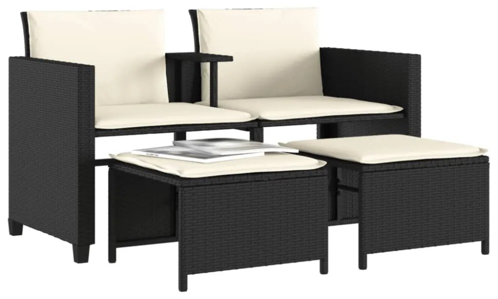 vidaXL 2 személyes fekete polyrattan kerti kanapé asztallal/székkel