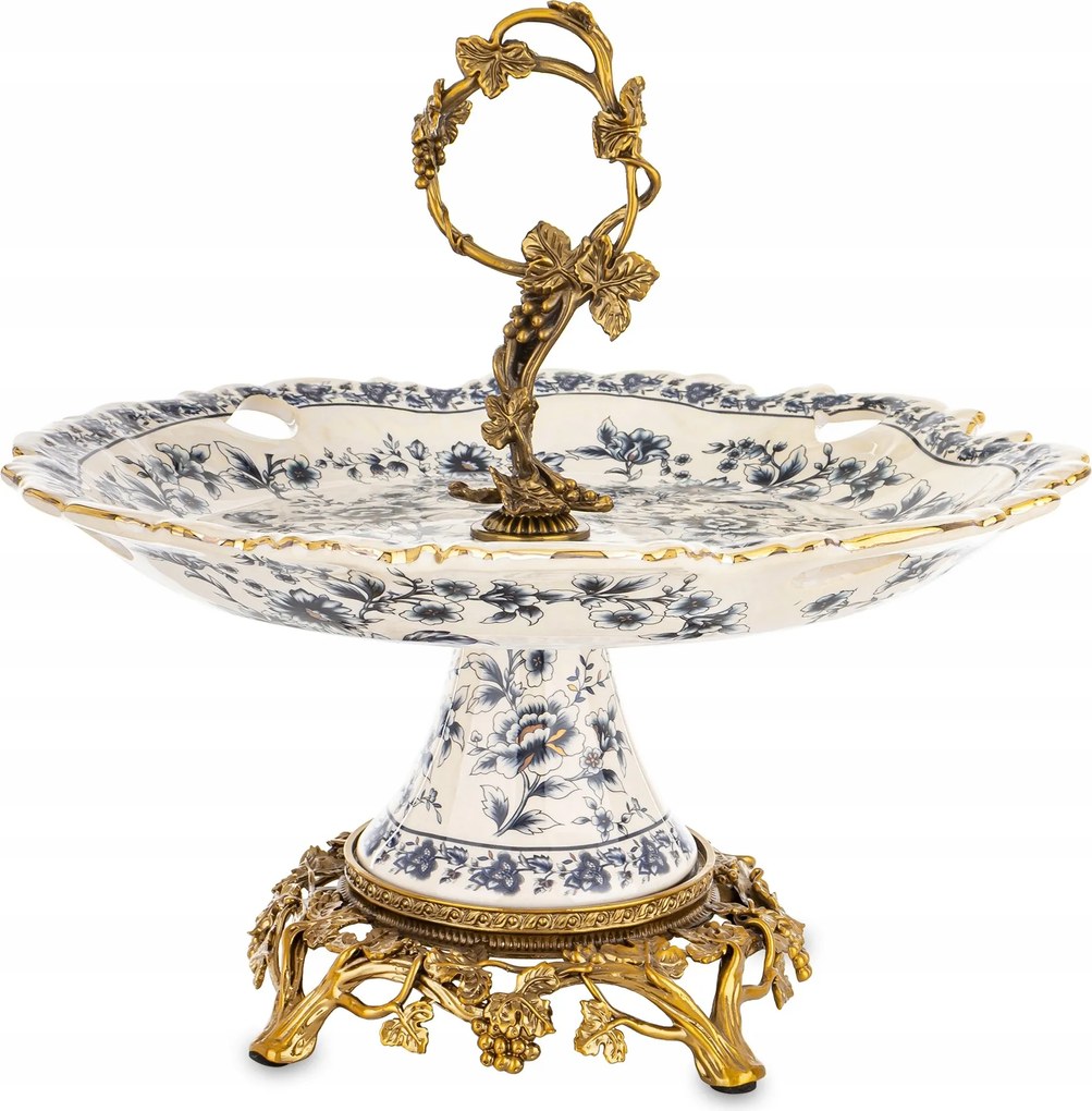 Palota tálca Retro kerámia öregített fehér kék arany patera láb