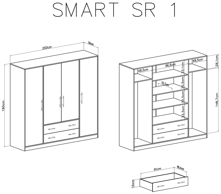 Smart SR1 négyajtós ruhásszekrény két fiokkal - artisan-tölgy