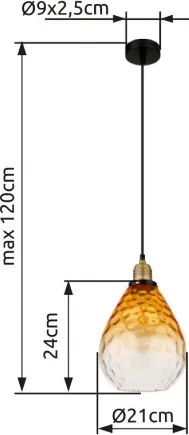 Globo 15786H Függeszték fém fekete matt, borostyán színű/átlátszó színátmenetes üveg búra, fém matt sárgaréz színű, fekete PVC kábel, magassága rövidíthető, ø: 210mm, M: 1200mm, 1x E27 60W 230V izzó nélkül