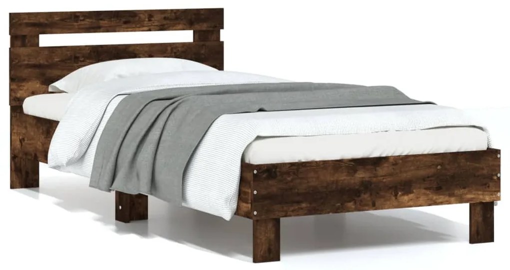 füstös tölgyszínű szerelt fa ágykeret fejtámlával 90 x 200 cm