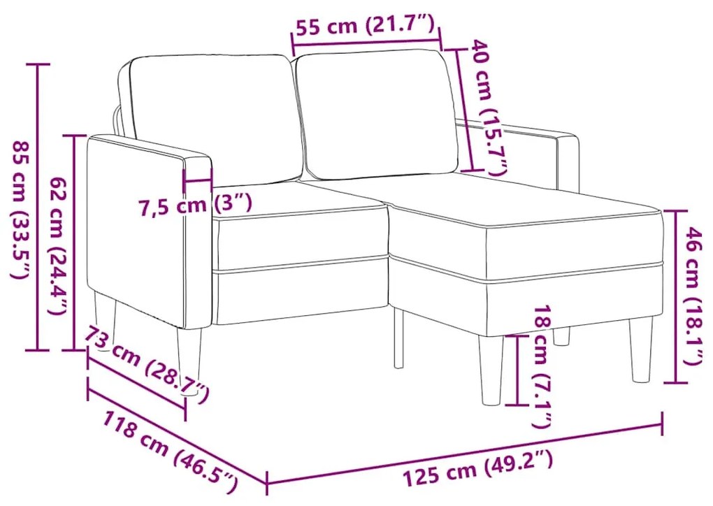 fekete anyagból 2 üléses kanapé L-alakú kanapéval 125 cm