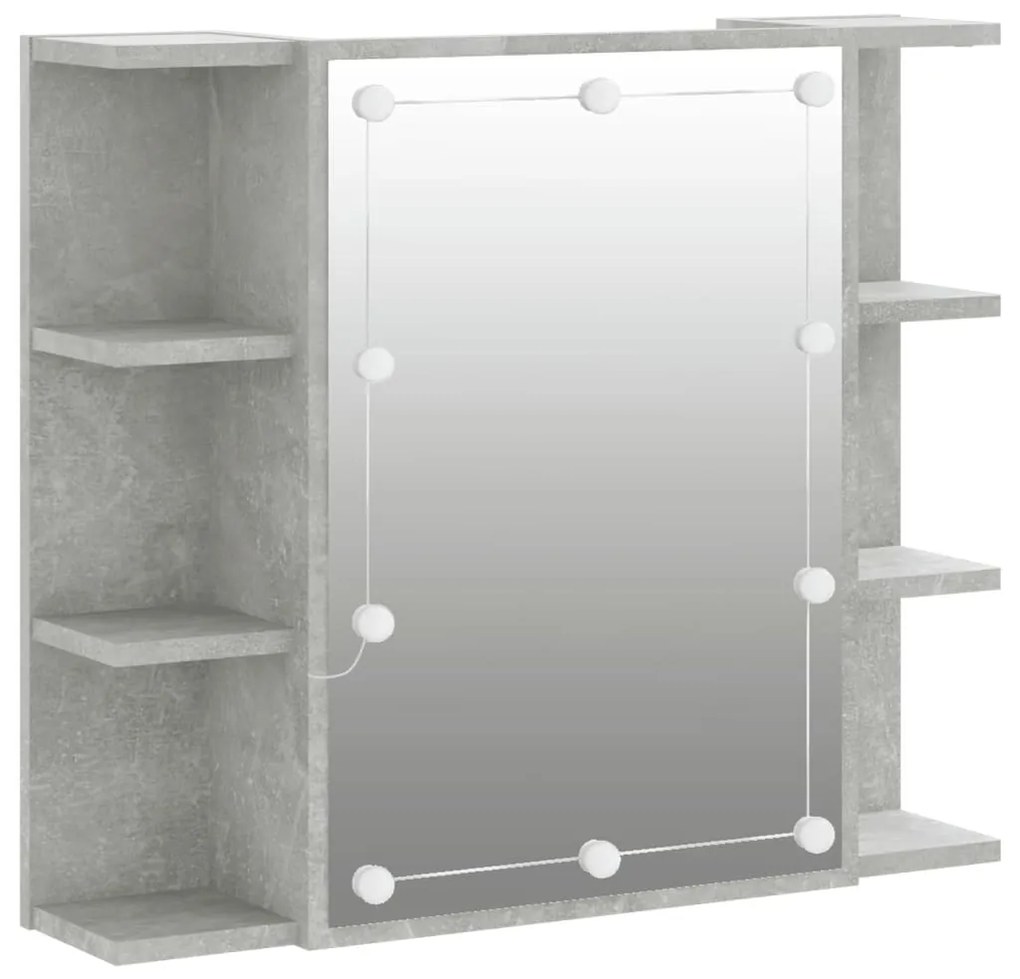 betonszürke tükrös szekrény LED-ekkel 70 x 16,5 x 60 cm