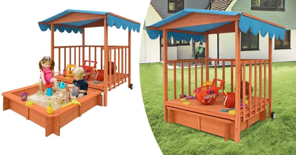 Fa játszóház homokozóval és árnyékoló tetővel