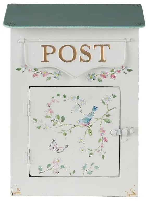 Fehér fém postaláda színes virágos, madaras, 22x12x31cm