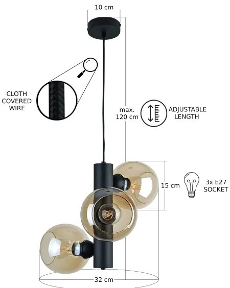 Csillár zsinóron TUBE 3xE27/60W/230V fekete/füstös bézs