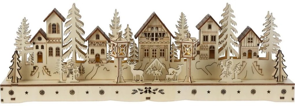 Karácsonyi világító falu, 15 LED, 45 x 5,8 x 15cm, természetes, fa