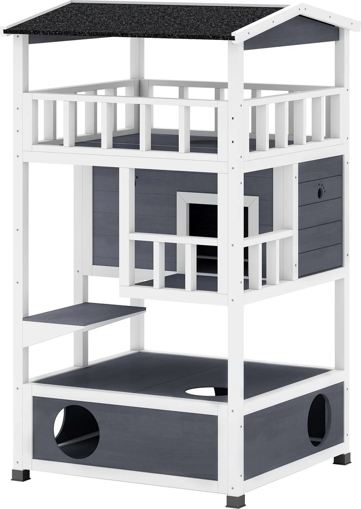 PawHut Fa Macska Ház, Télálló Vízálló Macska Kunyhó Tetővel, Macska Barlang, 4 Szintes Macska Villa Terasszal és Lépcsővel Kültéri Kert Erkélyre, 75.5