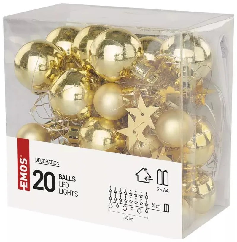LED karácsonyi fényfüzér – arany gömb csillagokkal, 1,9m, 2xAA, beltéri, meleg fehér, idő.