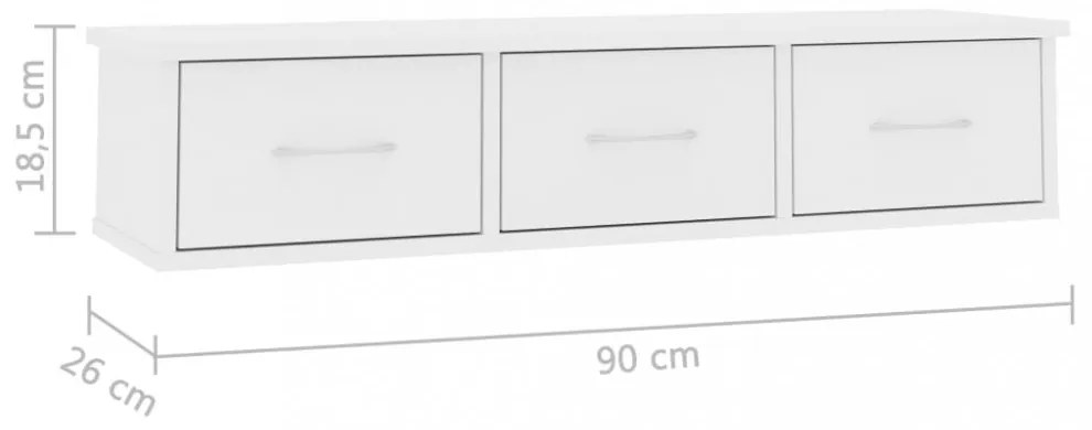 fehér falra szerelhető szerelt fa fiókos polc 88 x 26 x 18,5 cm
