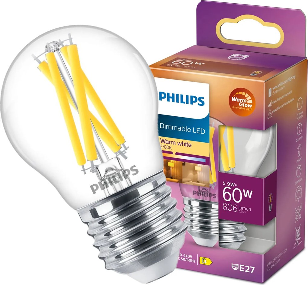 Led izzó Golyó E27 5.9W 60W 806lm 2700K Tompítható Filament Philips