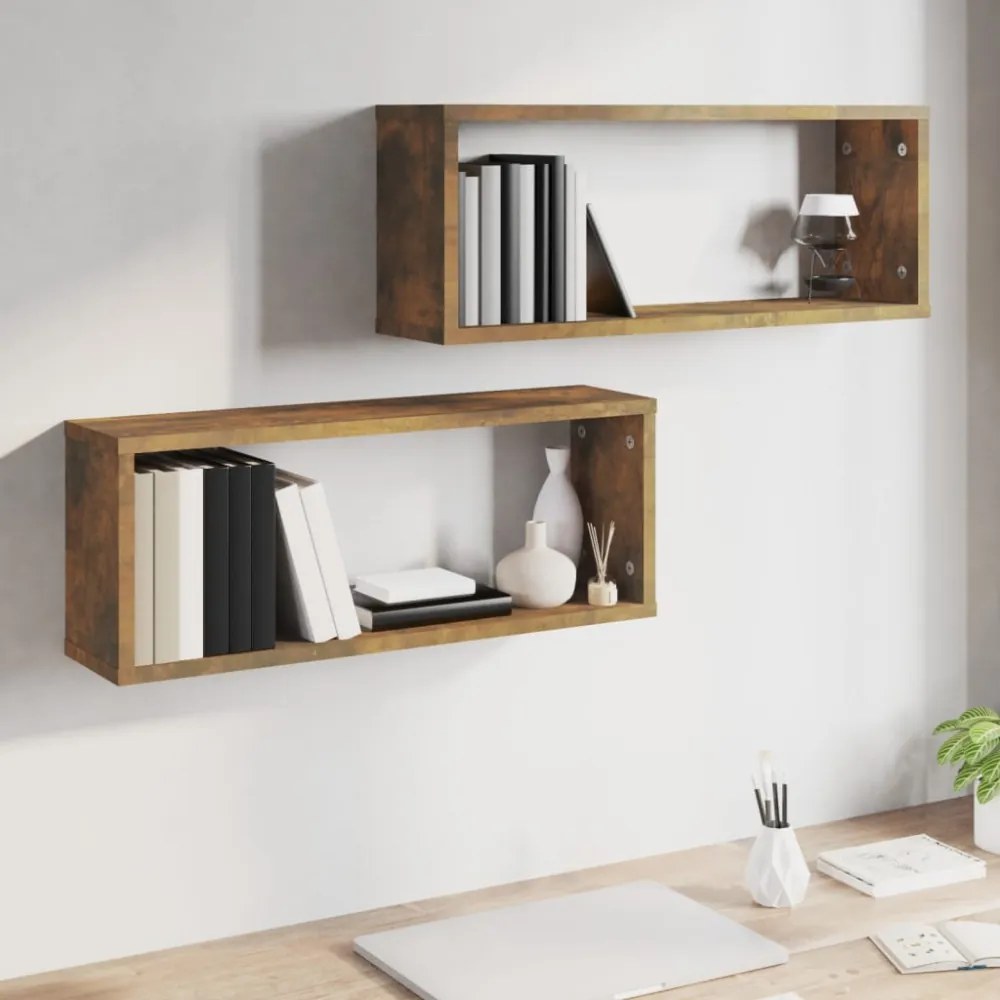 2 db füstös tölgy színű szerelt fa fali kockapolc 60x15x23 cm
