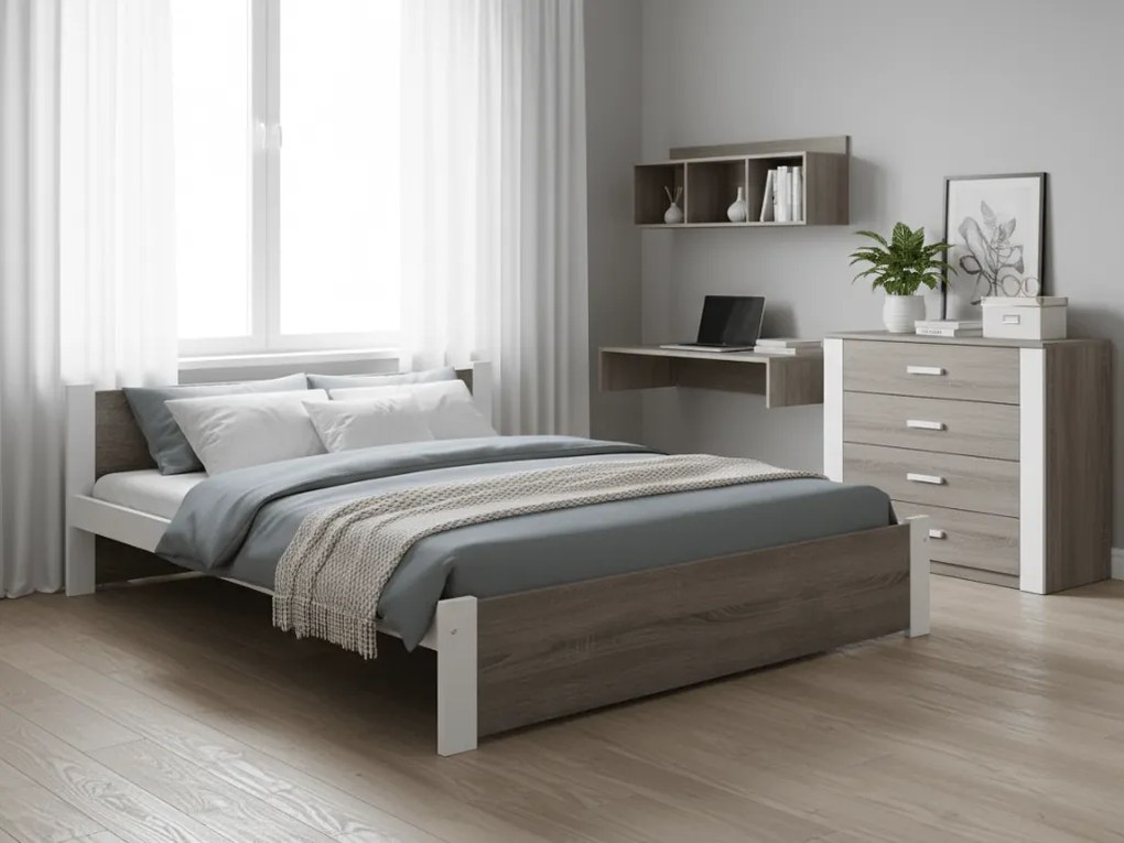Ágy IKAROS 160 x 200 cm, fehér/szarvasgomba tölgy Matrac: Matrac nélkül, Ágyrács: Ágyrács nélkül