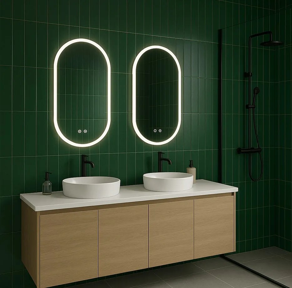 Erga Demi, ovális LED tükör 50x90cm, 3 fényszín, elülső világítás, páramentes fűtőpárna, ERG-V01-DEMI-5090-CL