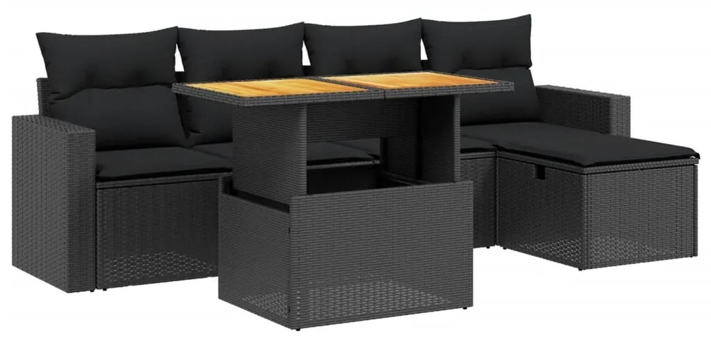 6 részes fekete polyrattan kerti ülőgarnitúra párnákkal