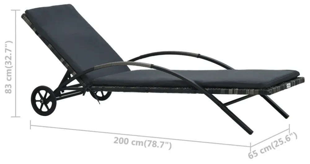 antracitszürke polyrattan napozóágy párnával és kerekekkel