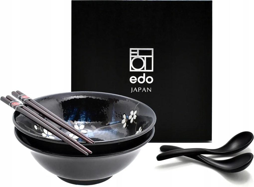 2 db-os tál szett kanállal és pálcikákkal Ramen Anemone Blue 1100 ml Box